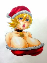Rule 34 | 00s, 1girl, blonde hair, breasts, christmas, female focus, hat, huge breasts, igawa sakura, large breasts, lilith-soft, open mouth, smile, taimanin (series), taimanin asagi, tongue, tongue out, traditional media, wrato