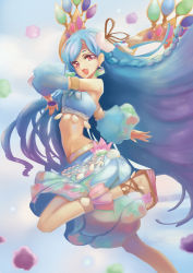 Rule 34 | 10s, 1girl, :d, aikatsu!, aikatsu! (series), bare shoulders, blue hair, braid, dancing, detached sleeves, floating hair, from side, hair ornament, happy, hip bones, jewelry, kantachi, kazesawa sora, leg up, long hair, looking at viewer, lots of jewelry, midriff, open mouth, red eyes, sandals, single braid, skirt, smile, solo, standing, standing on one leg, very long hair