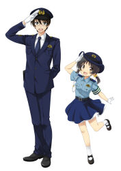 Rule 34 | 1boy, 1girl, aiguillette, arm behind back, armband, badge, belt, black belt, black eyes, black footwear, black hair, blue jacket, blue necktie, blue pants, blue shirt, blue skirt, blue suit, bow, breast pocket, buttons, collared shirt, female service cap, footwear bow, formal, glasses, gloves, green armband, hair bobbles, hair ornament, hat, highres, hiyama kiyoteru, jacket, kaai yuki, lace, lace-trimmed skirt, lace trim, layered skirt, long sleeves, low twintails, mary janes, necktie, official art, open mouth, pants, pocket, police, police hat, police uniform, policeman, policewoman, promotional art, radio, salute, shirt, shoes, short sleeves, shoulder boards, simple background, skirt, smile, socks, suit, teacher and student, teeth, twintails, umetani atarou, uniform, upper teeth only, vocaloid, white background, white gloves, white shirt, white socks, yellow eyes