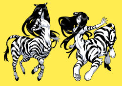 2boys animal_ears black_eyes black_hair centauroid claws colored_skin commentary_request fang full_body highres long_hair looking_at_viewer male_focus monster_boy multiple_boys original simple_background slit_pupils sugata1616 taur tiger_boy tiger_ears white_skin yellow_background zebra_boy zebra_ears