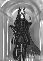 Rule 34 | 1girl, absurdres, ahoge, animal ears, armor, armored boots, armored dress, black armor, black hair, boots, breastplate, bug, butterfly, cape, faulds, gauntlets, greaves, hair between eyes, highres, horse ears, horse girl, horse tail, insect, long bangs, long hair, manhattan cafe (umamusume), moja blacksheep, monochrome, multicolored hair, pauldrons, ponytail, scabbard, sheath, shoulder armor, smile, solo, swept bangs, sword, tail, umamusume, weapon, white hair