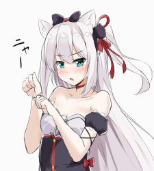 Rule 34 | 1girl, animal ears, azur lane, bad id, bad pixiv id, bare shoulders, black bow, black dress, blue eyes, blush, bow, cat ears, cat hair ornament, collarbone, commentary request, dress, hair between eyes, hair bow, hair ornament, hair ribbon, hammann (azur lane), kohakope, long hair, one side up, parted lips, puffy short sleeves, puffy sleeves, red ribbon, remodel (azur lane), ribbon, short sleeves, silver hair, simple background, sketch, solo, very long hair, white background