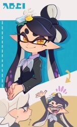 Rule 34 | 2girls, :d, ^ ^, arm up, black hair, black jacket, bow, bow-shaped hair, bowtie, callie (splatoon), closed eyes, closed mouth, collared shirt, commentary request, earrings, grey hair, highres, inkling, jacket, jewelry, long hair, long sleeves, looking at another, marie (splatoon), mole, mole under eye, multicolored hair, multiple girls, multiple views, nintendo, official alternate costume, open mouth, orange pupils, own hands together, pink hair, pointy ears, purple shirt, see-through bowtie, shirt, short hair, smile, splatoon (series), splatoon 3, star-shaped pupils, star (symbol), swept bangs, symbol-shaped pupils, tentacle hair, thick eyebrows, twintails, two-tone hair, ukata, upper body, white bow, white bowtie, yellow eyes