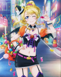 Rule 34 | 10s, 1girl, absurdres, ayase eli, blonde hair, blue eyes, blush, candy, candy cane, detached collar, detached sleeves, food, garter straps, halloween, hand on own hip, hat, highres, jack-o&#039;-lantern, lips, lollipop, love live!, love live! school idol festival, love live! school idol project, midriff, mini hat, mini witch hat, navel, nishida asako, non-web source, official art, one eye closed, puffy detached sleeves, puffy sleeves, pumpkin, ribbon, scan, scrunchie, skirt, smile, solo, swirl lollipop, witch hat, wrist cuffs