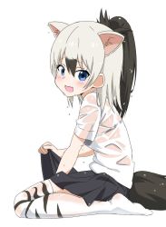 Rule 34 | 1girl, aardwolf (kemono friends), aardwolf print, adapted costume, animal ear fluff, animal ears, blue eyes, blue skirt, blush, brown hair, commentary request, extra ears, fang, grey hair, ilyfon133, kemono friends, kneeling, multicolored hair, no shoes, open mouth, pleated skirt, ponytail, see-through, see-through shirt, shirt, short hair, short sleeves, simple background, sitting, skin fang, skirt, solo, tail, thighhighs, water drop, wet, wet clothes, wet hair, wet shirt, white background, white shirt, zettai ryouiki