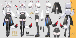Rule 34 | 1girl, animal ears, ankle boots, arm at side, artist name, black footwear, black gloves, black hair, black shorts, black thighhighs, boots, character sheet, commission, copyright request, fold-over boots, fox ears, fox girl, fox tail, from side, gloves, hair between eyes, hand up, highres, long sleeves, looking at viewer, medium hair, multicolored hair, multiple views, one eye closed, open mouth, red hair, shirt, shorts, skeb commission, streaked hair, symbol-only commentary, tail, thighhighs, tokiti, white hair, white shirt, yellow eyes