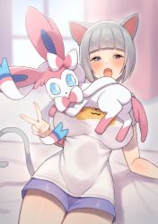 Rule 34 | 1girl, animal ears, arm support, blunt bangs, blurry, blush, bob cut, breasts, character print, commentary request, creatures (company), eichan (eichanidfi), fang, game freak, gen 1 pokemon, gen 6 pokemon, grey hair, half-closed eyes, highres, indoors, large breasts, nintendo, open mouth, original, pikachu, pokemon, pokemon (creature), purple shorts, shiny skin, shirt, short hair, short sleeves, shorts, sylveon, tail, tongue, v, white shirt
