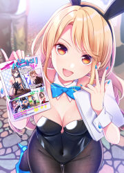 Rule 34 | 1girl, :d, ad, animal ears, bang dream!, bare shoulders, black leotard, black pantyhose, blonde hair, blue bow, blue bowtie, blue footwear, blue nails, blurry, blurry background, bow, bowtie, breasts, cleavage, cobblestone, commentary request, covered navel, cowboy shot, day, detached collar, fake animal ears, from above, high heels, highres, kirigaya toko, leotard, long hair, looking at viewer, medium breasts, nail polish, open mouth, orange eyes, outdoors, pamphlet, pantyhose, paper, partial commentary, playboy bunny, rabbit ears, round teeth, shoes, sidelocks, sleeveless, smile, solo, standing, strapless, strapless leotard, swept bangs, teeth, tsurime, tsurugi hikaru, wing collar, wrist cuffs
