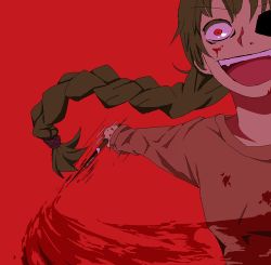 Rule 34 | 1girl, blood, braid, brown hair, crazy, crazy eyes, grin, knife, long hair, long sleeves, lowres, madotsuki, open mouth, red background, red eyes, red theme, short hair, smile, solo, sweater, twin braids, twintails, weapon, yandere, yume nikki