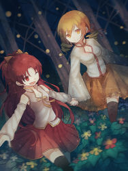 Rule 34 | 10s, 2girls, alternate costume, bad id, bad pixiv id, blonde hair, blurry, cuivre, drill hair, flower, forest, holding hands, long hair, mahou shoujo madoka magica, mahou shoujo madoka magica (anime), motion blur, multiple girls, nature, one eye closed, ponytail, red eyes, red hair, sakura kyoko, skirt, thighhighs, tomoe mami, twin drills, twintails, wink, yellow eyes