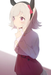 Rule 34 | 1girl, animal ears, black hairband, blush, commentary, curren chan (umamusume), ear covers, grey hair, hairband, heart, heart necklace, highres, horse ears, horse girl, horse tail, index finger raised, jewelry, long sleeves, looking at viewer, matanukinuki, necklace, pink eyes, pink skirt, shirt, short hair, simple background, skirt, solo, tail, umamusume