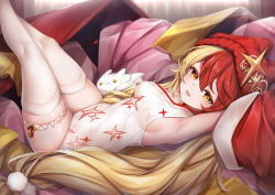 Rule 34 | + +, 1girl, alchemy stars, armpits, arms up, bare shoulders, beanie, blonde hair, breasts, dress, gronru (alchemy stars), hat, hat ornament, highres, legs up, long hair, looking at viewer, lying, medium breasts, multicolored hair, off shoulder, on back, red hair, red hat, short dress, sideboob, skindentation, sleeveless, sleeveless dress, smile, solo, thigh strap, thighhighs, thighs, tongue, tongue out, two-tone hair, umou (may65879), very long hair, white dress, white thighhighs, yellow eyes