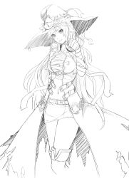 Rule 34 | 1girl, ayase tamaki, bandages, belt, cat, cowboy shot, flower knight girl, fox face (flower knight girl), greyscale, hat, highres, lineart, long hair, looking at viewer, monochrome, navel, skirt, smile, solo, thighhighs, witch hat