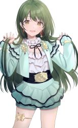 Rule 34 | :d, aqua jacket, bad id, bad twitter id, belt, belt buckle, black belt, black bow, bow, buckle, collar, cowboy shot, earrings, eyebrows hidden by hair, flat chest, frilled collar, frilled skirt, frilled sleeves, frills, gem, green hair, highres, jacket, jewelry, leg ribbon, long hair, long sleeves, looking at viewer, nail polish, o0u0m, open mouth, original, red gemstone, red nails, ribbon, skirt, sleeve cuffs, smile, solo, standing, thigh strap, white background, white collar, yellow eyes