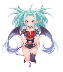 Rule 34 | 1girl, arm warmers, asymmetrical clothes, bad id, bad pixiv id, bare shoulders, blush, cameltoe, choker, clothing cutout, collarbone, demon girl, demon tail, demon wings, dina, fingernails, green hair, hair intakes, hizuki akira, long hair, nail polish, navel, navel cutout, pointy ears, red eyes, red nails, simple background, single thighhigh, solo, summon night, summon night swordcraft story 2, tail, thighhighs, twintails, wings