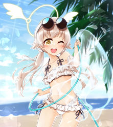 Rule 34 | 1girl, beach, bikini, blue archive, blush, collarbone, commentary request, frilled bikini, frills, halo, hifumi (blue archive), hifumi (swimsuit) (blue archive), highres, hose, light brown hair, light smile, long hair, looking at viewer, navel, one eye closed, open mouth, sand, shiki hicage, sky, solo, swimsuit, water, white bikini, yellow eyes