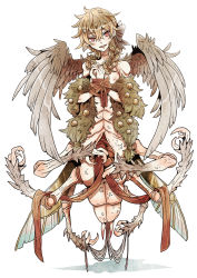 Rule 34 | 1boy, blonde hair, braid, carapace, claws, earrings, feathered wings, full body, hair ornament, highres, insect wings, jewelry, male focus, monster boy, original, own hands together, red eyes, ribbon, smile, solo, stitches, stud earrings, towa-darkmistic, white background, wings