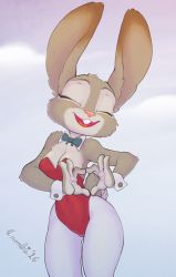 Rule 34 | 1girl, absurdres, animal ears, artist name, bare shoulders, bow, bowtie, breasts, cleavage, cloud, crombie, dated, detached collar, closed eyes, fake animal ears, furry, furry female, green bow, hands up, happy, heart, heart hands, highres, judy hopps, leotard, medium breasts, open mouth, pantyhose, playboy bunny, rabbit ears, rabbit tail, red leotard, signature, simple background, smile, solo, standing, tail, teeth, text focus, tongue, white background, white pantyhose, wrist cuffs, zootopia