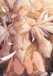 Rule 34 | 10h (nier reincarnation), 1girl, absurdres, bare shoulders, between labia, black gloves, blue eyes, closed mouth, clothing cutout, commentary, cowboy shot, detached sleeves, falling feathers, feather-trimmed sleeves, feathers, garter straps, gloves, gusty10rk, heattech leotard, highres, leotard, looking ahead, medium hair, nier (series), nier reincarnation, no blindfold, puffy sleeves, red lips, side cutout, solo, turtleneck, weapon behind back, white feathers, white hair, white leotard