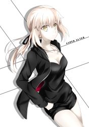 Rule 34 | 1girl, absurdres, artoria pendragon (all), artoria pendragon (fate), black jacket, black ribbon, black shirt, black shorts, breasts, character name, cleavage, closed mouth, collarbone, cowboy shot, fate/stay night, fate (series), floating hair, hair between eyes, hair ribbon, hand in pocket, highres, hood, hooded jacket, jacket, jewelry, long hair, long sleeves, medium breasts, necklace, official alternate costume, open clothes, open jacket, ribbon, saber alter, saber alter (ver. shinjuku 1999) (fate), shi ma86, shirt, short shorts, shorts, silver hair, solo, white background, yellow eyes
