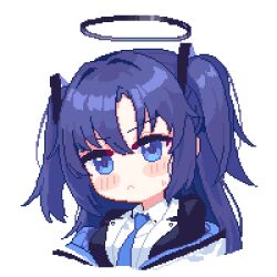 Rule 34 | 1girl, black jacket, blue archive, blue necktie, blush, collared shirt, commentary request, cropped torso, dano, frown, hair between eyes, hair ornament, halo, jacket, korean commentary, long hair, looking at viewer, necktie, off shoulder, open clothes, open jacket, parted bangs, pixel art, purple eyes, purple hair, purple halo, shirt, sidelocks, solo, transparent background, two-sided fabric, two-sided jacket, two side up, v-shaped eyebrows, white jacket, white shirt, yuuka (blue archive)