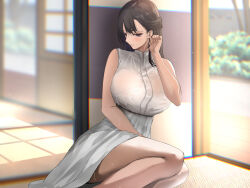 Rule 34 | 1girl, bare arms, bare shoulders, black hair, blush, breasts, day, dress, feet out of frame, kesoshirou, large breasts, long hair, original, parted lips, sleeveless, solo, sweat, thighs, white dress