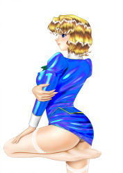 Rule 34 | 1990s (style), 1girl, agent aika, aika (series), ass, blonde hair, blue delmo, blue eyes, blue skirt, blush, breasts, catherine (agent aika), closed mouth, covered erect nipples, cowboy shot, delmo, dress, female focus, flexible, from side, juliet sleeves, lace, lace-trimmed legwear, lace trim, latex, long sleeves, looking ahead, medium breasts, miniskirt, no shoes, panties, panty peek, pantyshot, pencil skirt, puffy sleeves, retro artstyle, shiny clothes, shiny skin, short dress, short hair, simple background, skin tight, skirt, solo, standing, standing on one leg, thighhighs, thighs, underwear, uniform, upskirt, white background, white thighhighs, yuusuke (ziyasu)