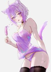 Rule 34 | 1girl, alternate costume, animal ear fluff, animal ears, bare shoulders, black thighhighs, camisole, cat ears, cat girl, cat tail, collarbone, covered erect nipples, cowboy shot, food, holding, holding food, holding popsicle, hololive, looking at viewer, nekomata okayu, panties, popsicle, purple camisole, purple eyes, purple hair, purple panties, purple tail, short hair, simple background, solo, spaghetti strap, sweat, tail, thighhighs, tongue, tongue out, underwear, virtual youtuber, warg game, white background