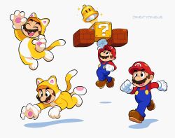 Rule 34 | 1boy, ? block, animal ears, artist name, block (object), cat ears, cat mario, cat tail, gloves, hat, highres, jumping, long sleeves, mario, mario (series), nintendo, open mouth, pants, red hat, running, shadow, shoes, short hair, solo, super bell, super mario 3d world, tail, vinny (dingitydingus), white background, white gloves