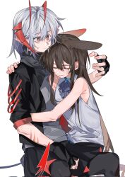 Rule 34 | 2girls, amiya (arknights), animal ears, antennae, arknights, ascot, bare arms, black gloves, black jacket, black pants, bright pupils, brown hair, closed eyes, closed mouth, commentary, corrupted twitter file, fingerless gloves, gloves, grey hair, grey scarf, grey shirt, hand on another&#039;s shoulder, highres, horns, hug, jacket, long hair, medium hair, molu stranger, multiple girls, open clothes, open jacket, open mouth, pants, ponytail, purple ascot, rabbit ears, red eyes, scar, scar on arm, scarf, shirt, short sleeves, simple background, sitting, sitting on lap, sitting on person, sleeveless, sleeveless shirt, tears, w (arknights), white background, white pupils, white shirt