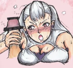 Rule 34 | black clover, blush, breasts, disembodied penis, erection, handjob, large breasts, long hair, lotus whomalt, noelle silva, open mouth, oral, penis, purple eyes, silver hair, twintails, white hair
