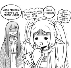Rule 34 | 2girls, = =, blunt bangs, capelet, cellphone, coat, commentary, dress, elf, english commentary, english text, fern (sousou no frieren), frieren, gloom (expression), greyscale, hand up, highres, hikimayu, holding, holding phone, jitome, long hair, looking at another, monochrome, multiple girls, open mouth, parted bangs, phone, pointy ears, scared, shaded face, short eyebrows, simple background, smartphone, sousou no frieren, speech bubble, sweat, thick eyebrows, trembling, twintails, wanderjegson, white background
