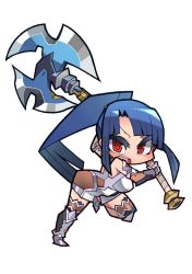 Rule 34 | 00s, 1girl, axe, battle axe, blue hair, bodysuit, boots, breasts, chibi, female focus, kometsubu, lilith-soft, long hair, looking at viewer, open mouth, ponytail, simple background, solo, taimanin (series), taimanin asagi, taimanin asagi kessen arena, very long hair, weapon, white background, yatsu murasaki