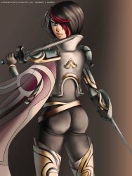 Rule 34 | 1girl, aqua eyes, armor, ass, black hair, cape, dual wielding, fiora (league of legends), from behind, gauntlets, high collar, highres, holding, league of legends, multicolored hair, pants, red hair, short hair, shoulder armor, skin tight, smile, solo, pauldrons, sword, tight clothes, tight pants, weapon