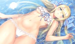 Rule 34 | 1girl, absurdres, ahoge, artist name, azur lane, bikini, blonde hair, blush, breasts, centaur (azur lane), cropped, day, highres, huge filesize, long hair, medium breasts, outdoors, parted lips, partially submerged, pointy ears, reflection, scan, shiny skin, solo, swimsuit, thighs, tony taka, water, white bikini