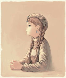 Rule 34 | 1girl, aged down, beads, blue eyes, border, braid, breasts, brown background, brown hair, closed mouth, commentary request, earrings, forehead jewel, from side, graphite (medium), hair over shoulder, hair tubes, headgear, highres, interlocked fingers, jewelry, kaze no tani no nausicaa, kokudou juunigou, kushana, long hair, long sleeves, looking away, own hands together, profile, rounded corners, small breasts, solo, traditional media, turtleneck, twin braids, twintails, upper body