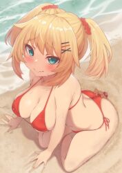 Rule 34 | 1girl, akai haato, aqua eyes, ass, bikini, blonde hair, blush, breasts, butt crack, cleavage, closed mouth, commentary request, from above, full body, haaton (akai haato), hair ornament, heart, heart hair ornament, highres, hololive, large breasts, navel, ocean, red bikini, sitting, smile, swimsuit, two side up, virtual youtuber, x hair ornament, zeolch