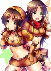 Rule 34 | 2girls, belt, breasts, brown hair, commentary request, fang, gloves, green eyes, hair ornament, hairclip, hand on own hip, himekawa yuki, idolmaster, idolmaster cinderella girls, long hair, medium breasts, ment, miniskirt, multiple girls, parted bangs, scarf, skindentation, skirt, small breasts, smile, stomach, takamori aiko, teeth, thighhighs, upper teeth only, yellow eyes