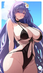 Rule 34 | 1girl, :o, arms behind back, azur lane, bare shoulders, blush, breasts, chain, cleavage, cowboy shot, curvy, flower, groin, hair flower, hair ornament, hair over one eye, highleg, highleg swimsuit, highres, huge breasts, large breasts, long hair, mogador (azur lane), mogador (locker room lechery) (azur lane), mole, mole on breast, navel, ni tamago sando, official alternate costume, one-piece swimsuit, parted lips, purple eyes, purple hair, sideboob, standing, stomach, swimsuit, thick thighs, thighs, underboob, very long hair, white flower, wide hips