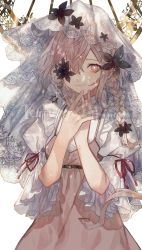 Rule 34 | 1girl, absurdres, backlighting, black flower, braid, bright pupils, brown dress, brown hair, closed mouth, commentary request, cowboy shot, dress, flower, flower over eye, hair between eyes, hands up, hexagram, highres, iwai ku tsuki, lace, long hair, looking at viewer, original, pinafore dress, pink eyes, red ribbon, ribbon, short sleeves, simple background, single braid, sleeveless dress, smile, solo, star of david, veil, white background, white pupils, white sleeves