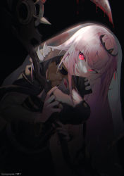 Rule 34 | absurdres, belt, black dress, blood, blood on face, bloody weapon, breasts, choker, cloak, dark background, dress, film grain, heart, heart-shaped pupils, highres, holding, holding scythe, hololive, hololive english, huge filesize, leaning forward, long hair, looking at viewer, mori calliope, nail polish, pink eyes, pink hair, scythe, see-through, see-through sleeves, smirk, spikes, standing, symbol-shaped pupils, tiara, twitter username, veil, virtual youtuber, weapon, yo-ba yo
