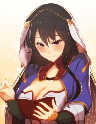 Rule 34 | 1girl, arito arayuru, black hair, blush, book, breasts, capelet, center opening, cleavage, cosplay, fate/grand order, fate (series), koha-ace, long hair, martha (fate), martha (fate) (cosplay), medium breasts, oda nobunaga (fate), oda nobunaga (koha-ace), open book, red eyes, smile, solo, veil