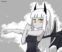 Rule 34 | 1girl, :c, annoyed, bare shoulders, black dress, colored skin, crossed arms, demon horns, dragon girl, dragon tail, dragon wings, dress, fanged bangs, highres, horns, long hair, looking at viewer, off shoulder, original, self-upload, short eyebrows, slit pupils, solo, stretching, tail, thedarkenjoyer, upper body, white hair, white skin, wings, yellow eyes