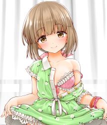Rule 34 | 1girl, blush, bra, bracelet, breasts, brown eyes, brown hair, buttons, closed mouth, clothes lift, collarbone, curtains, dress, dress lift, floral print, frilled bra, frills, green dress, hair ribbon, idolmaster, idolmaster cinderella girls, jewelry, kaishinshi, long hair, looking at viewer, off shoulder, open clothes, open dress, out-of-frame censoring, pink bra, pink ribbon, ribbon, short sleeves, small breasts, smile, solo, underwear, very long hair, yorita yoshino