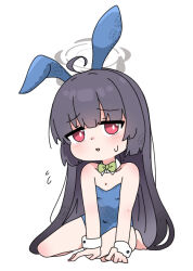 Rule 34 | 1girl, ahoge, animal ears, arm support, bare legs, bare shoulders, barefoot, black hair, blue archive, blue leotard, blush, bow, bowtie, chibi, collar, collarbone, commentary request, covered navel, fake animal ears, flying sweatdrops, full body, green bow, green bowtie, halo, leotard, long hair, looking at viewer, miyu (blue archive), nyaru (nyaru 4126), parted lips, rabbit ears, red eyes, simple background, solo, strapless, strapless leotard, sweat, very long hair, white background, white collar, wing collar