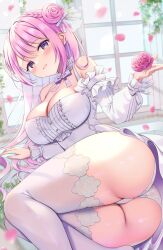 Rule 34 | 1girl, ass, bare shoulders, breasts, cleavage, day, detached sleeves, dorothy (nikke), dress, falling petals, flower, goddess of victory: nikke, hair flower, hair ornament, highres, indoors, large breasts, long hair, long sleeves, looking at viewer, lying, miwa uni, on side, open mouth, panties, petals, pink flower, pink hair, purple eyes, shiny skin, smile, solo, thighs, underwear, white dress, white panties