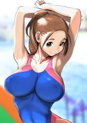 Rule 34 | 1girl, armpits, arms up, blue one-piece swimsuit, blurry, blurry background, breasts, brown eyes, brown hair, collarbone, competition swimsuit, covered erect nipples, covered navel, curvy, depth of field, dytm, head tilt, highres, huge breasts, looking at viewer, one-piece swimsuit, original, ponytail, pool, pool monitor part-timer (dtym), see-through, skin tight, smile, solo, swimsuit