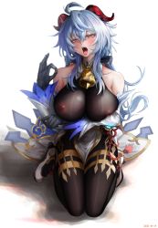Rule 34 | 1girl, absurdres, ahoge, bare shoulders, bell, blue hair, bodystocking, breasts, covered erect nipples, detached sleeves, fang, fellatio gesture, full body, ganyu (genshin impact), genshin impact, gloves, hair between eyes, high heels, highres, horns, kneeling, large breasts, looking at viewer, neck bell, nompang, open mouth, see-through, simple background, solo, teeth, tongue, tongue out, white background