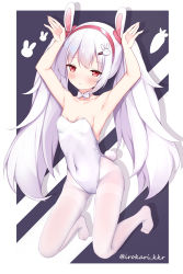 Rule 34 | 1girl, animal ears, armpits, arms up, azur lane, bare arms, blush, bow, bowtie, breasts, commentary, covered navel, detached collar, fake animal ears, full body, hair ornament, hairband, highres, irokari, kneeling, laffey (azur lane), leotard, long hair, looking at viewer, no shoes, pantyhose, parted lips, playboy bunny, rabbit ears, rabbit hair ornament, rabbit pose, red eyes, red hairband, small breasts, solo, strapless, strapless leotard, twintails, very long hair, white bow, white bowtie, white hair, white leotard, white pantyhose