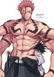 Rule 34 | 2boys, abs, adjusting clothes, age difference, aged down, arm tattoo, black hair, blush, chest tattoo, commentary request, extra arms, extra eyes, extra mouth, extra tongue, facial tattoo, fushiguro megumi, green eyes, height difference, highres, hug, jujutsu kaisen, kmg4858, looking at another, male focus, multiple boys, one eye closed, pectorals, pink hair, red eyes, ryoumen sukuna (jujutsu kaisen), ryoumen sukuna (true form) (jujutsu kaisen), short hair, shoulder tattoo, size difference, smile, spiked hair, tattoo, topless male